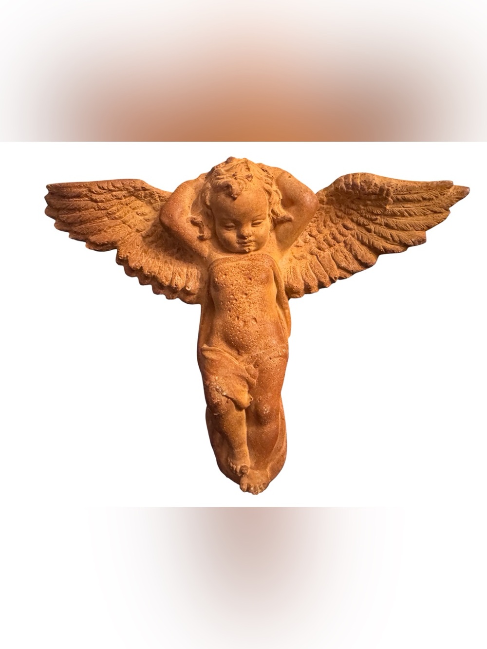 Antique Handmade Terracotta Cherub Wall Plaque - Rust Orange Angel